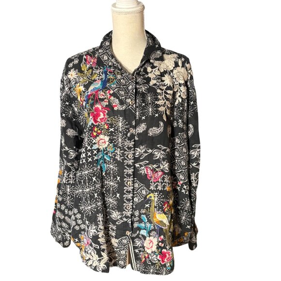 Johnny Was Senia Oversized Shirt size L large Embroidered top birds floral - Picture 1 of 13